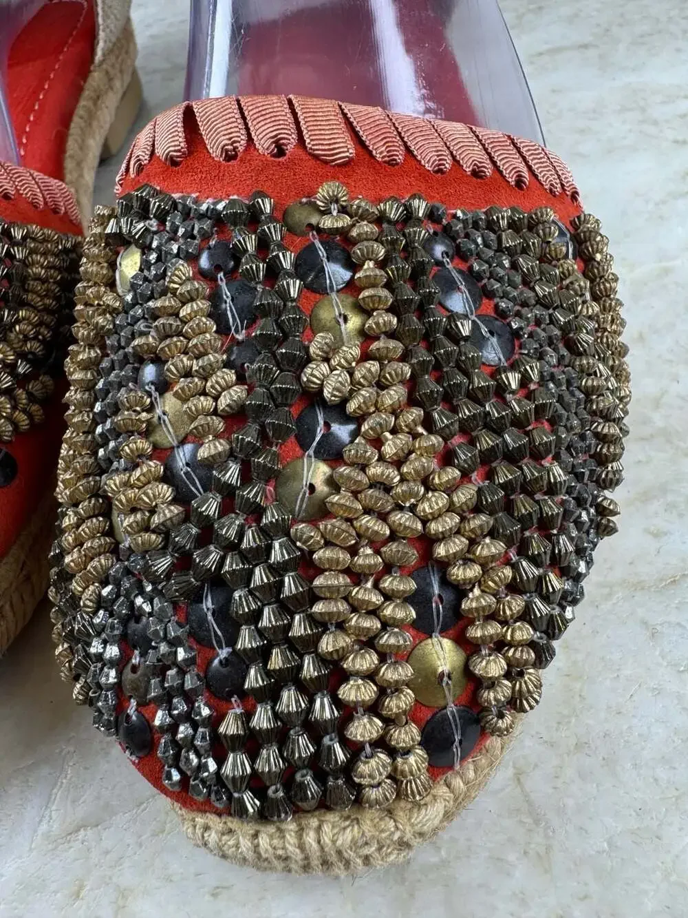 BOC Red Suede Beaded Espadrille Wedge Sandals Ankle Strap Boho Women’s Size 8